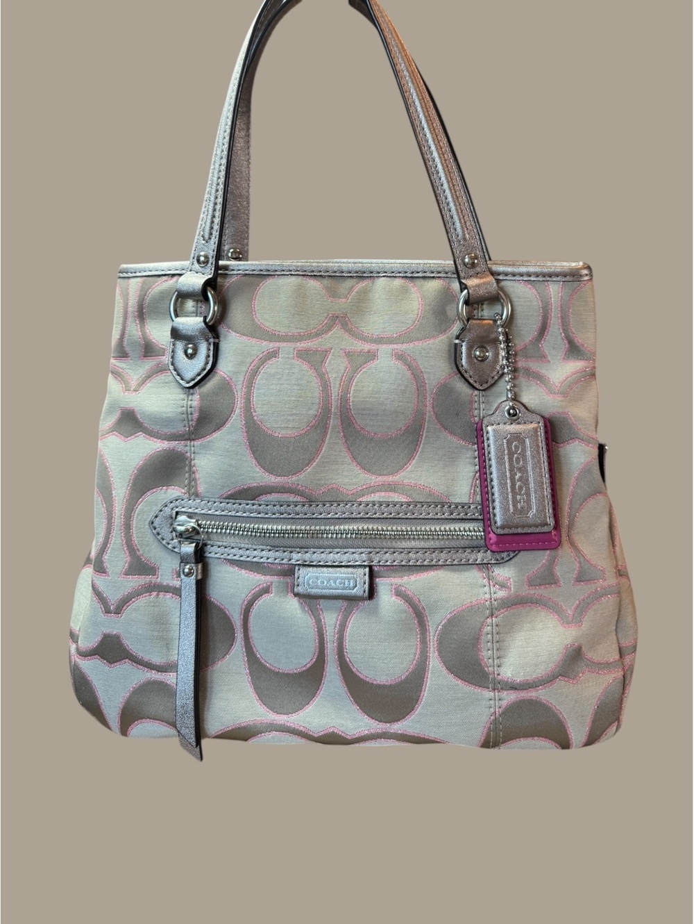 Coach Signature Canvas Tote Bag with Metallic and Pink